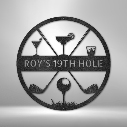 Steel gauge custom golf sign with pictures of cocktails, two clubs crossing each other and a golf ball on a tee