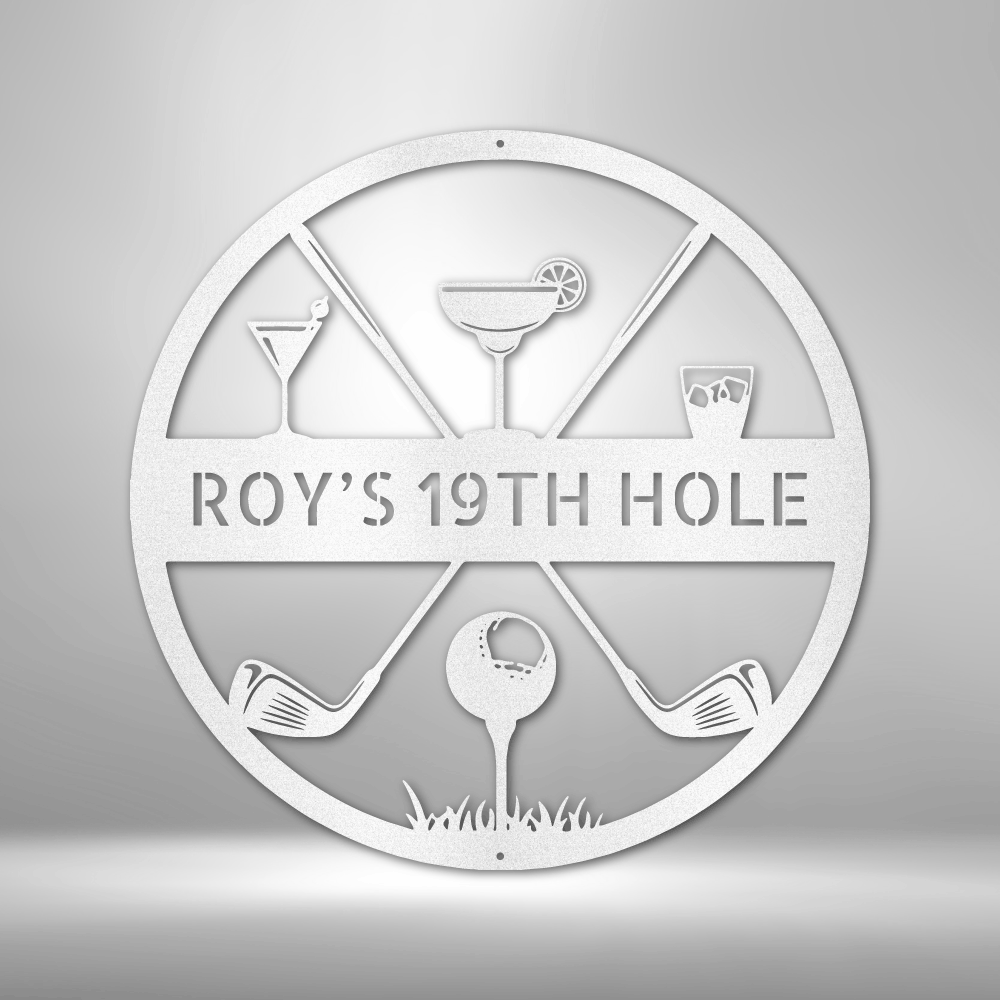 Steel gauge custom golf sign with pictures of cocktails, two clubs crossing each other and a golf ball on a tee